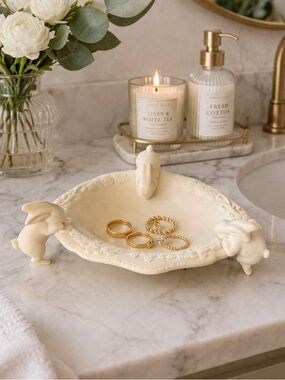 Cream Ceramic Bunny Trinket Dish - Decorative Jewelry Holder or soap dish